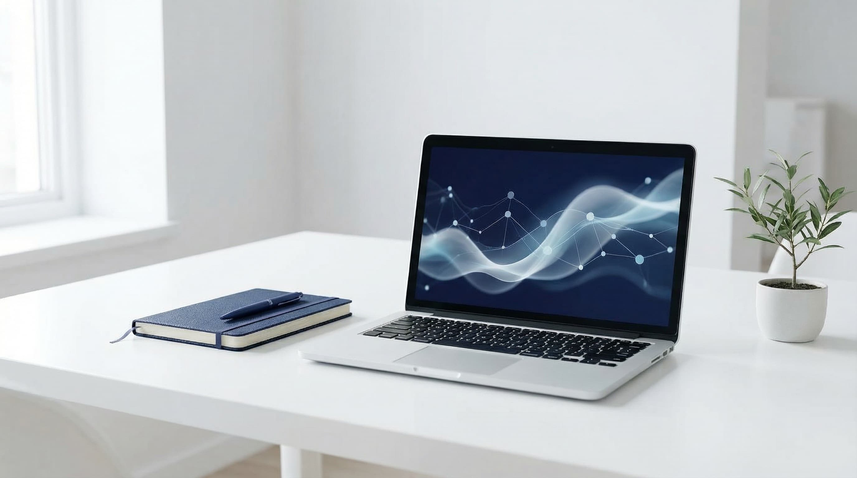 Minimalist desk with a laptop, plant, and coffee cup, symbolizing clarity and focus